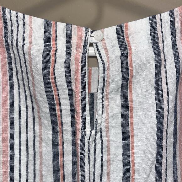 Linen Blend Stripe Sleeveless Tank M White w/blue & red Fringe Hem Preppy - Picture 5 of 9